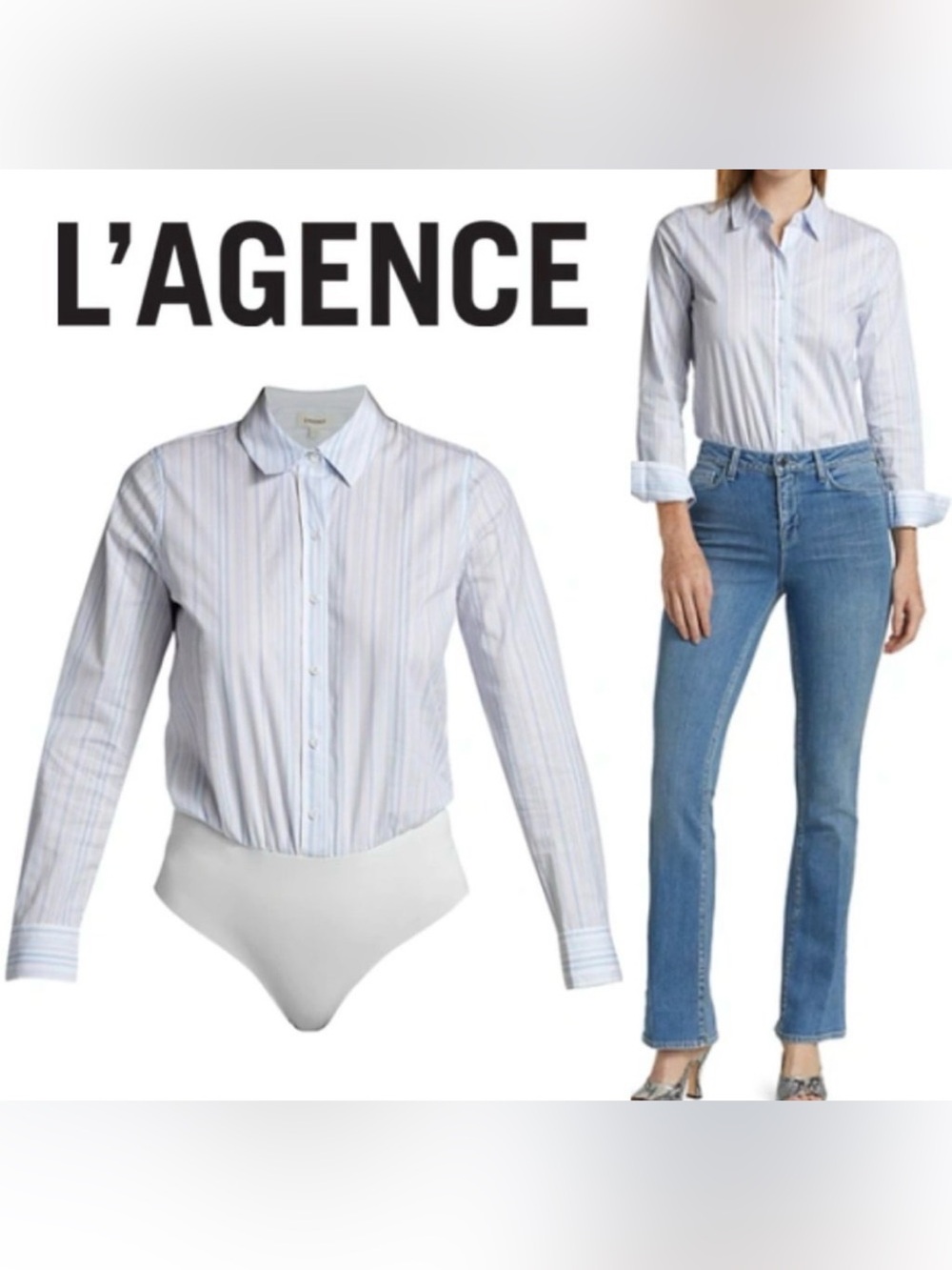 L'AGENCE Blake Button-Front Striped‎ Bodysuit – Size Small